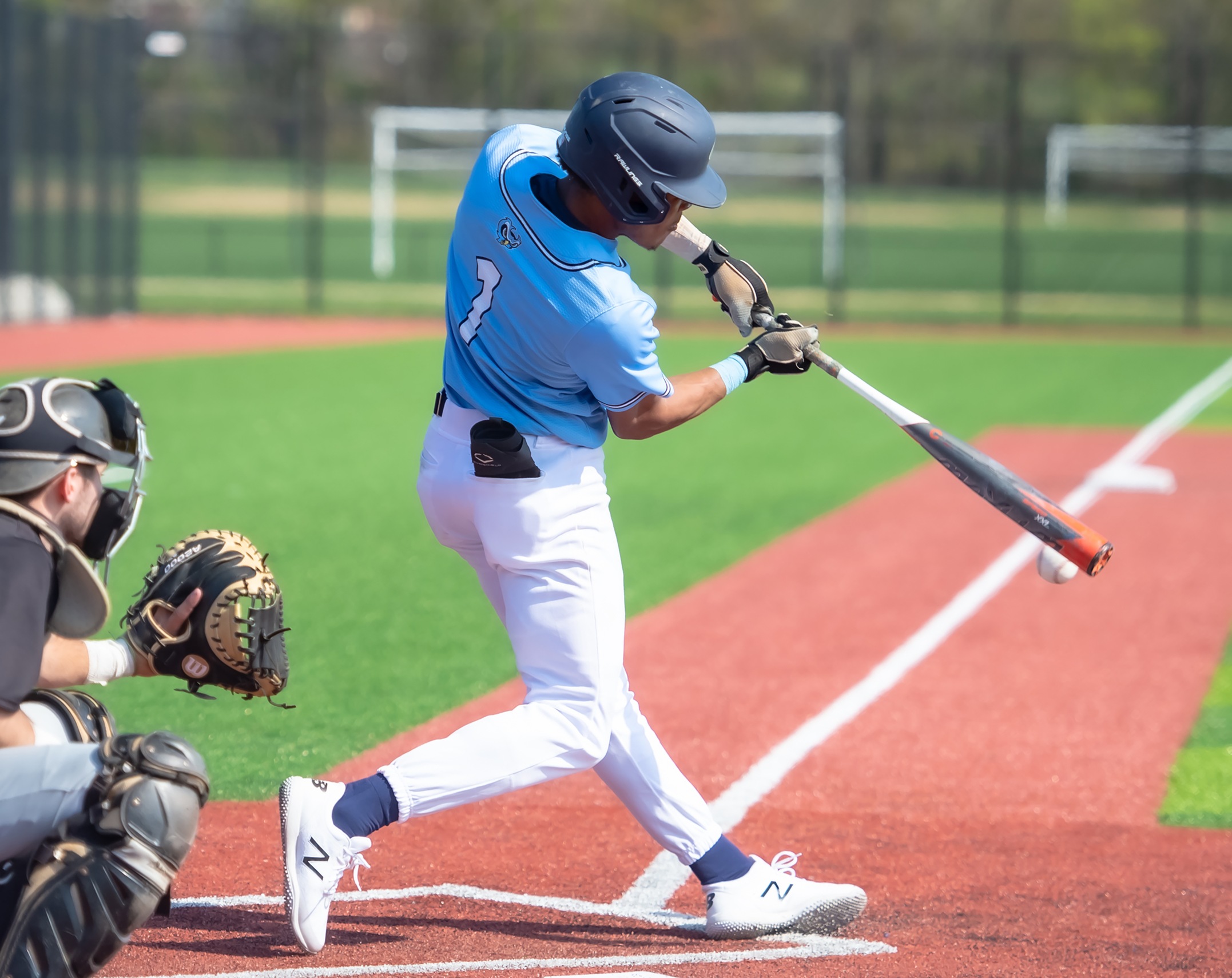 Sophomore OF Trey Newland (1) makes contact during a game against The College Of Southern Maryland on April 8th, 2021.
